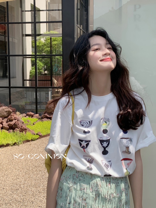 [so common] Korean loose pattern printed short sleeve T-shirt 62527# XYJ
