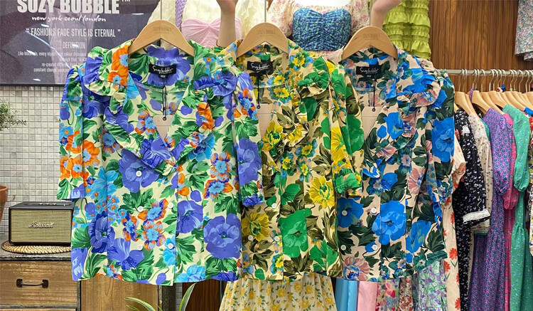 [suzybubble] square neck floral single breasted shirt 1021# WPL