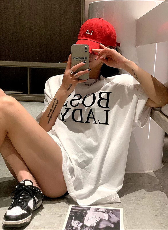 [CC +] Korean round neck letter printed short sleeve T-shirt 8287# L