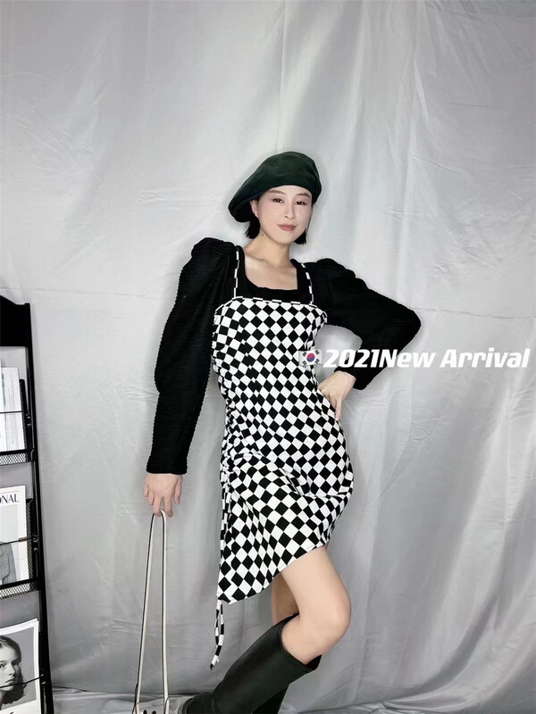[Hb] slim fit suspender checkerboard dress 8166# QJY
