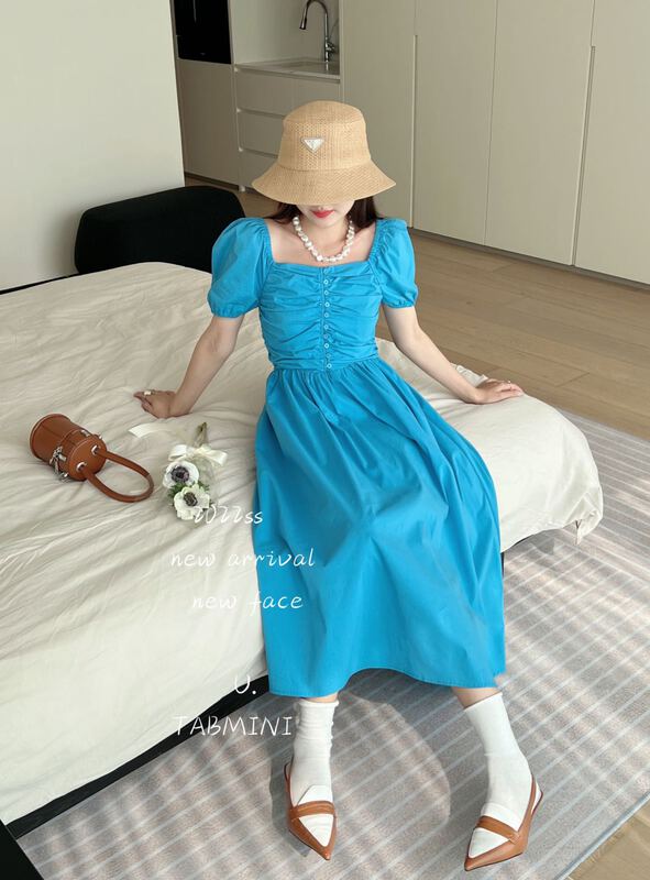 goods in stock! New in early summer! [tabmini] square neck bubble sleeve waist dress x19405# WPL