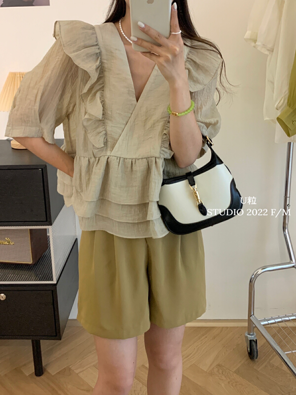 [U grain] Korean fungus lace small fresh three-layer design small shirt 5653# HBx