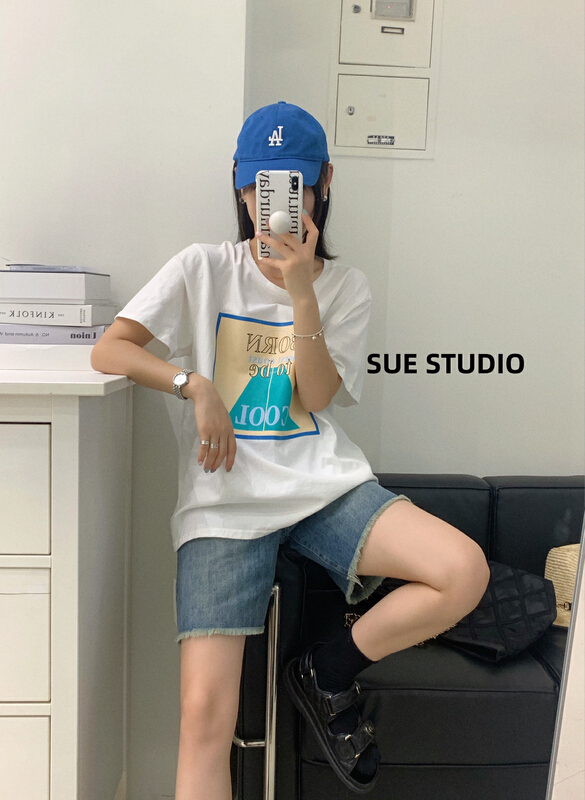 "SUE STUDIO" printed loose Joker short sleeve T-shirt N99931# ZJY
