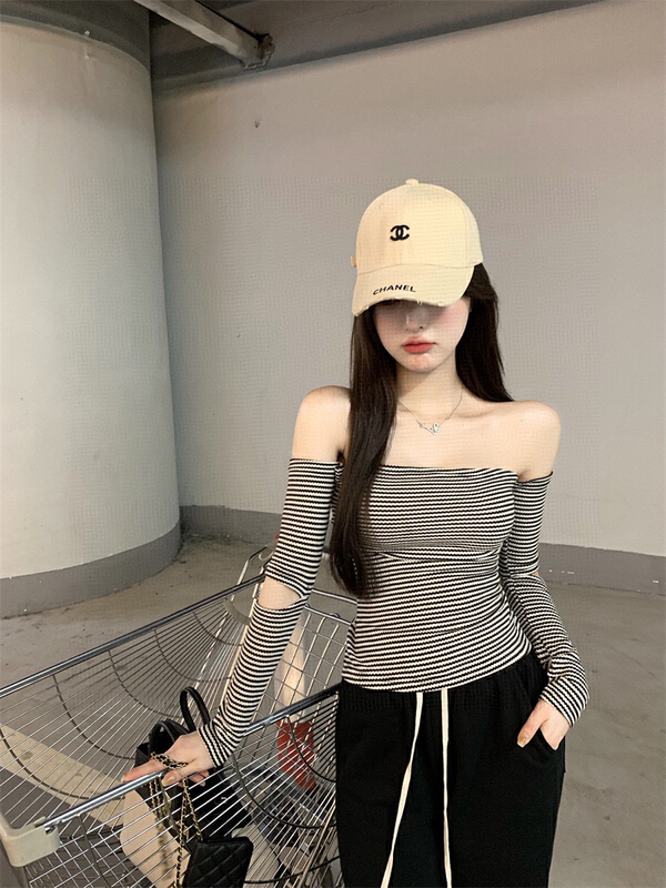 New year in early spring! [wgwe] sexy pure desire one line collar stripe slim long sleeve T-shirt (long sleeve only) 1268# PCZ