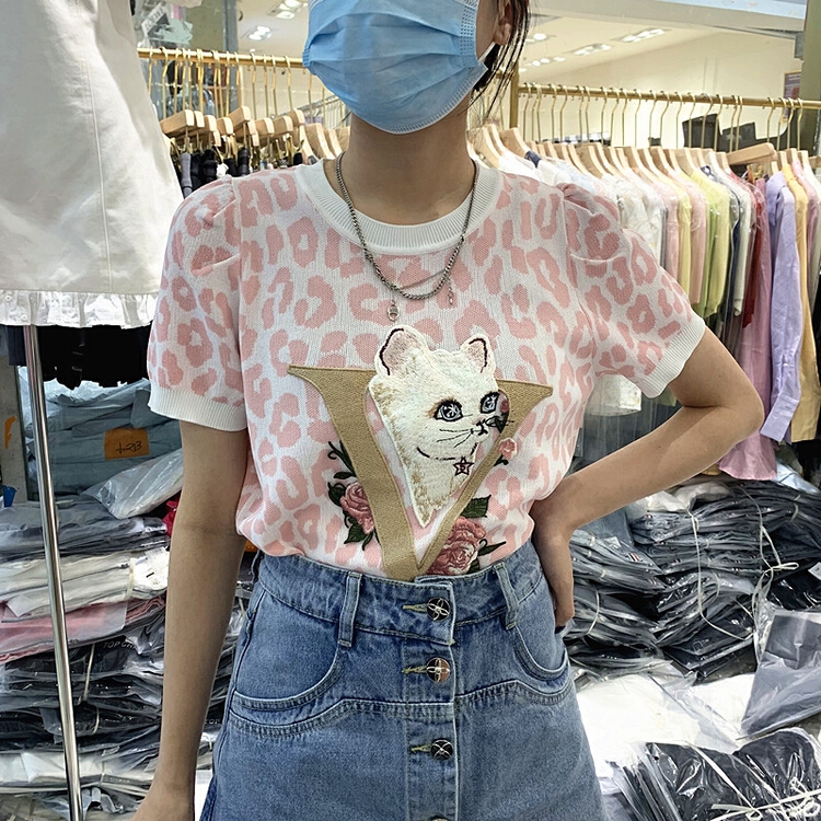 [pan] leopard jacquard letter short sleeve sweater 00484# PCZ