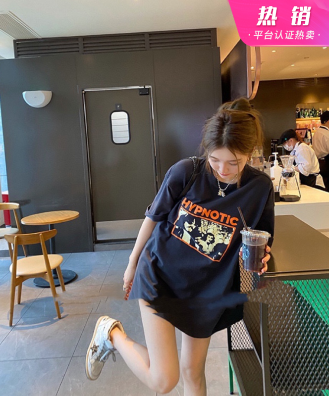 [wgwe] Hong Kong Style lazy print design sense round neck loose thin short sleeve T-shirt 1613# PCZ