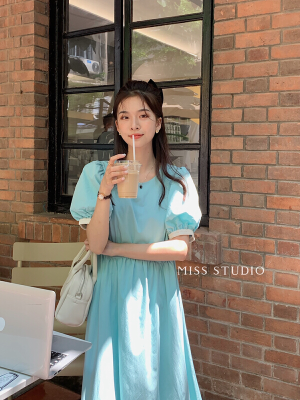 [miss miss miss home] Korean color blocking bubble sleeve loose dress l6626# zjy