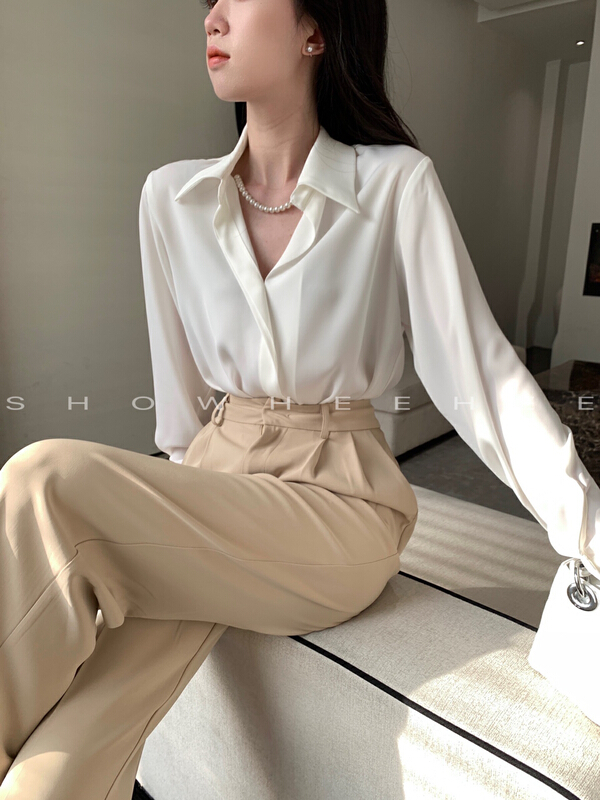 New year in early spring! [xiuxixi] versatile commuter Satin shirt (with pearl chain) 7956# zxx