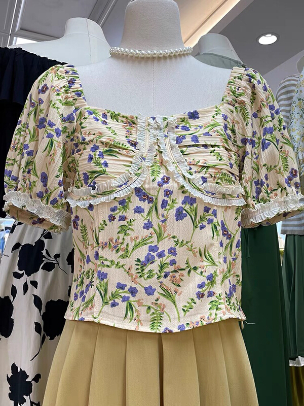 [twins] bubble sleeve floral short sleeve square neck short shirt 8828# hjy