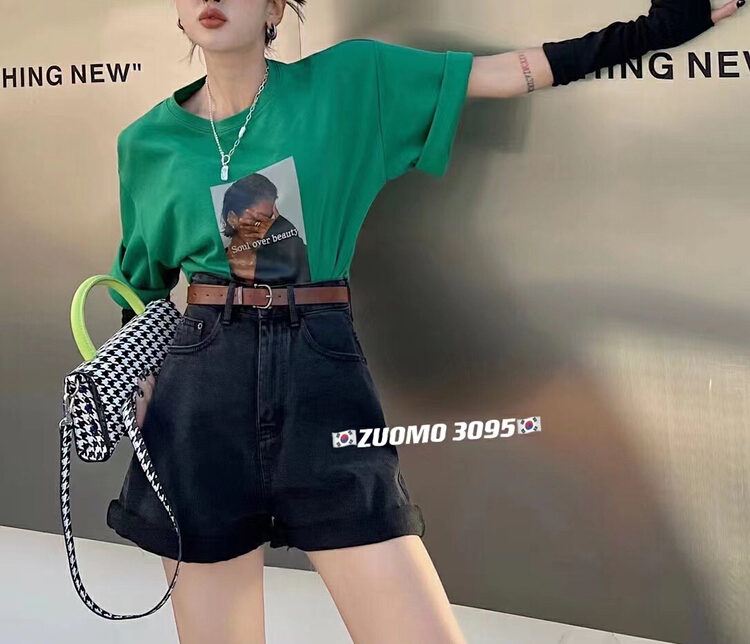 [zuomo zomo] Korean high waist thin denim shorts (with belt) 3095 blue 3095-2 white 3095-1 black # XJ