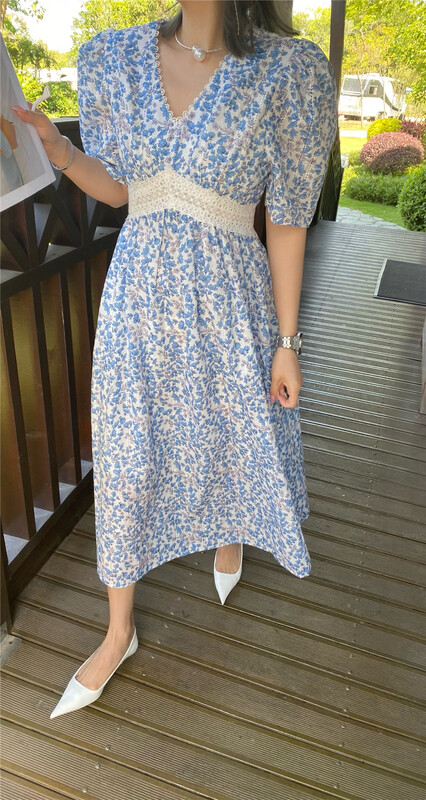 [yixuanru] fashion V-neck floral medium length dress 8298# ozq