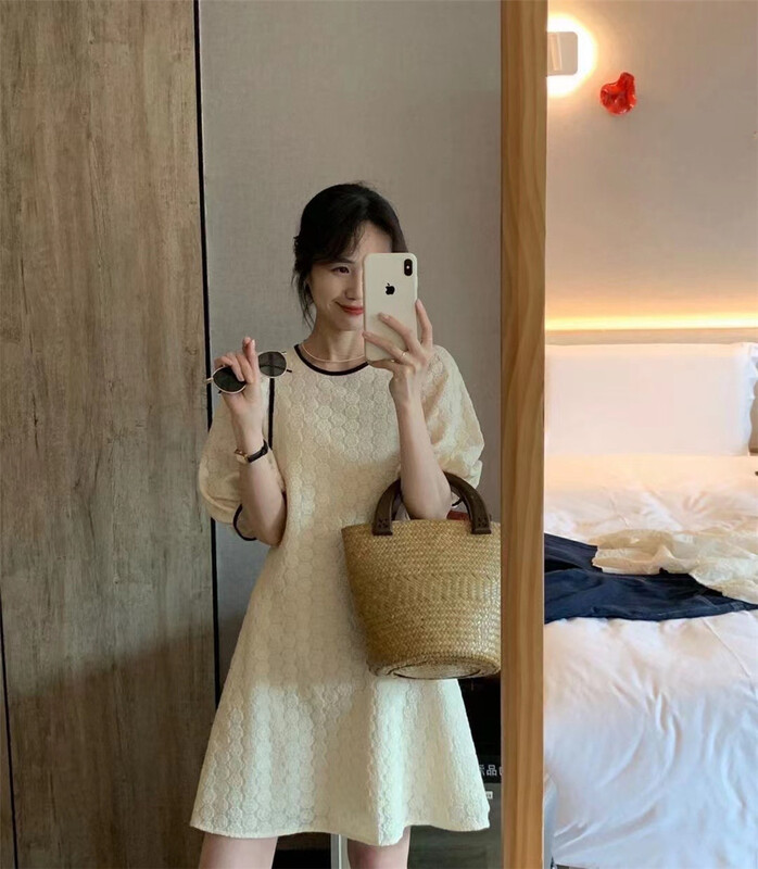 [larti] round neck bubble sleeve lady dress 574# ll