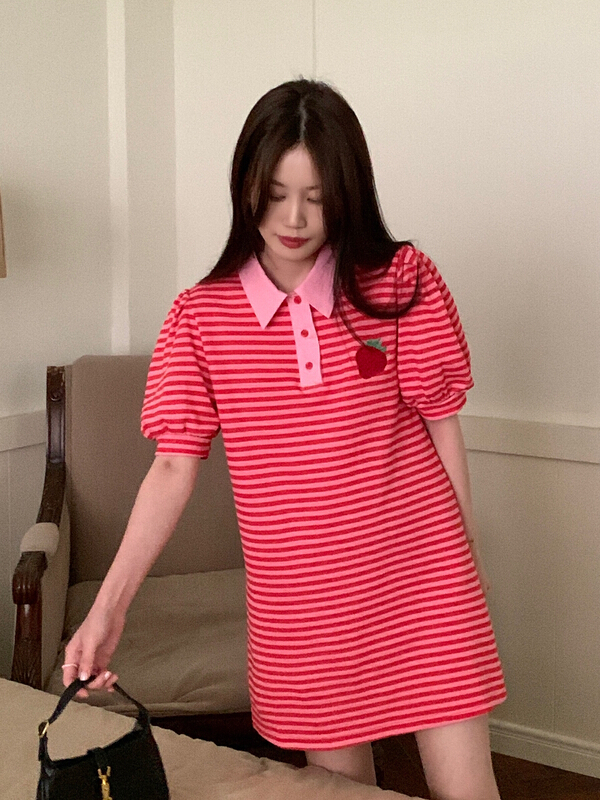 【 bobi 】 strawberry embroidered polo collar color contrast stripe dress 6602# hjy