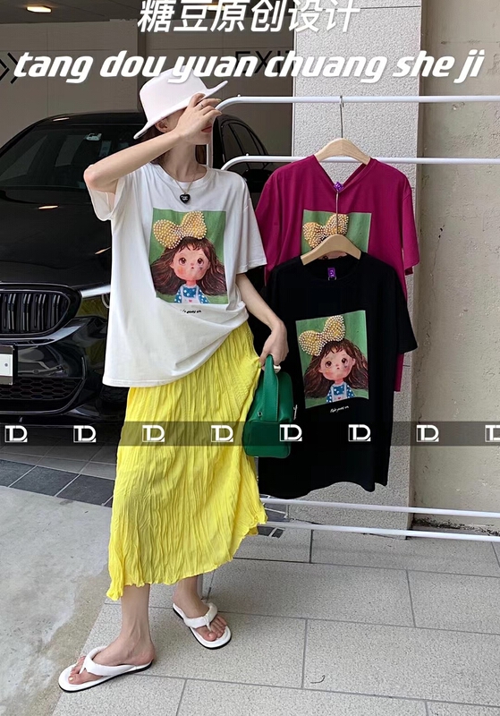 New in early summer! [tangdou original] pearl little girl print Pullover short sleeve T-shirt 9573# WTT