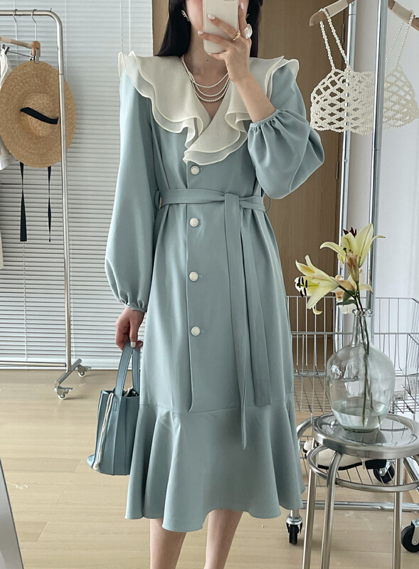 [sunshine] contrast color lotus leaf collar fishtail dress (with waist rope) ys1-9383# cqw