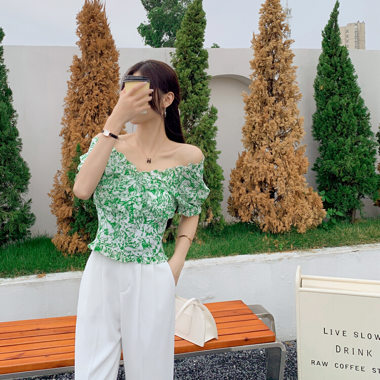 New in early summer! [strawberry] Korean V-neck bubble flower blouse ys1-s832# L