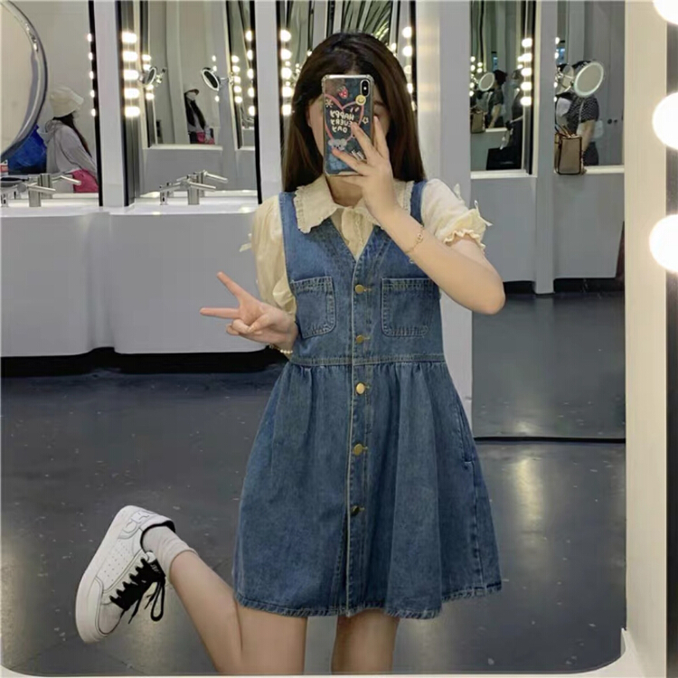 [Kiki studio] small denim dress + short doll collar top set (only suit) 5886# hjy