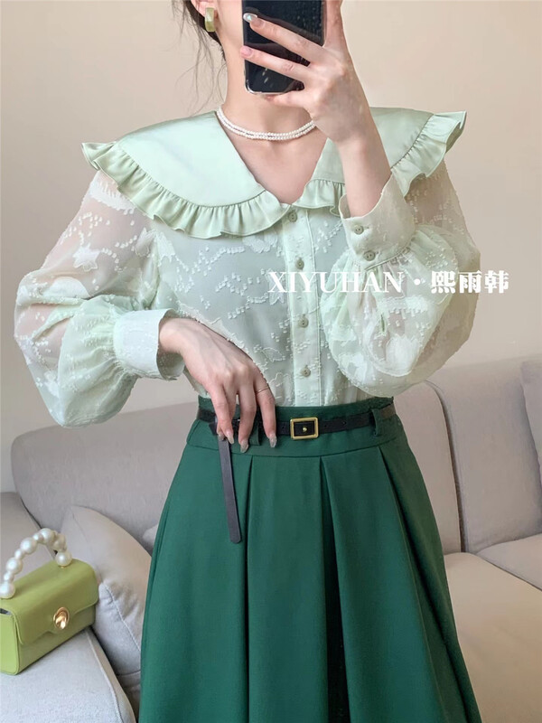 New in early summer! [xiyuhan] large lapel with fungus edge temperament small shirt 860# zxx