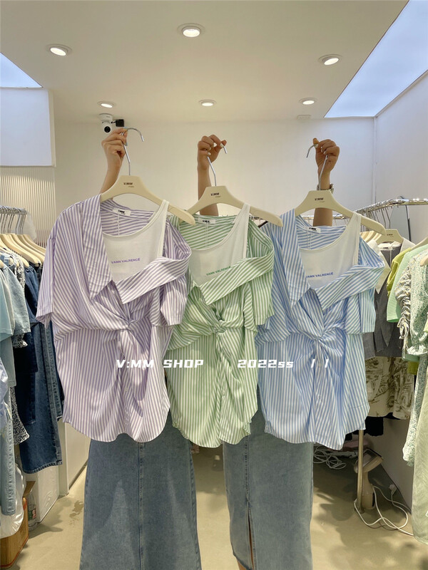 goods in stock! New in early summer! [V: mm] Korean stripe design fake two shirts 3010# CLS