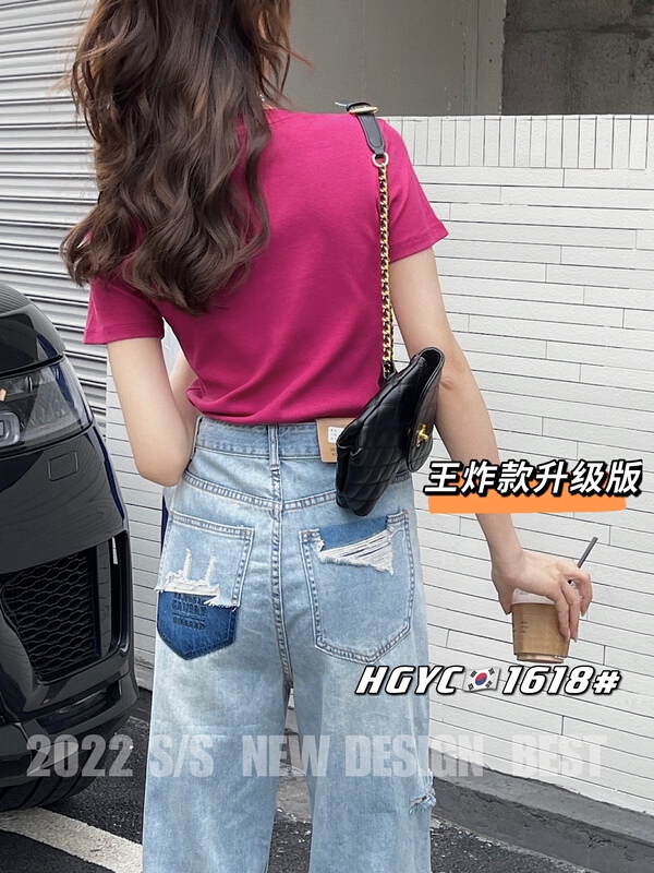 初夏上新!【韓國原創】口袋陰影刺繡割破闊腿牛仔褲  1618-7#  L