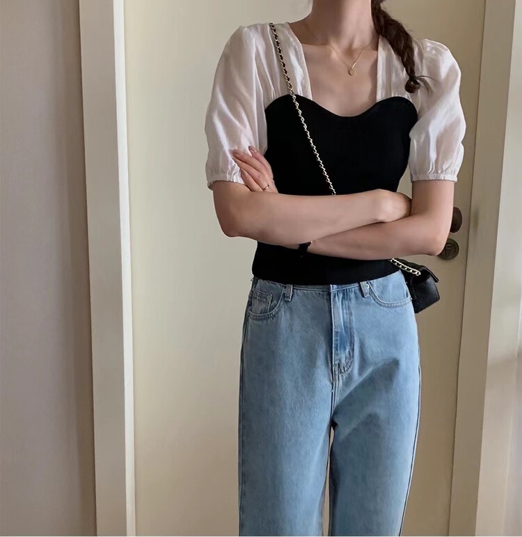 New in early summer! [T.G] French style bubble sleeve splicing short shirt 17105# cqw