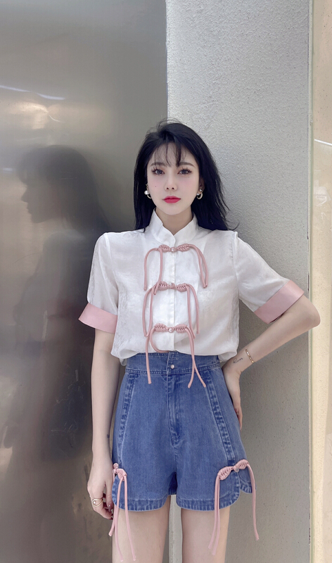 New in early summer! [mi2] color matching shirt + comfortable denim shorts two piece suit b6269# JJ