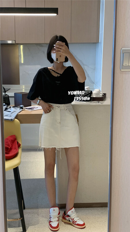 Summer new! [plain blue] high waist A-line denim skirt 13558# LSL