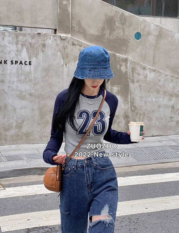 New in early summer! [Zuo Zuo] color blocked letter printed long sleeve T-shirt 3379# ozq