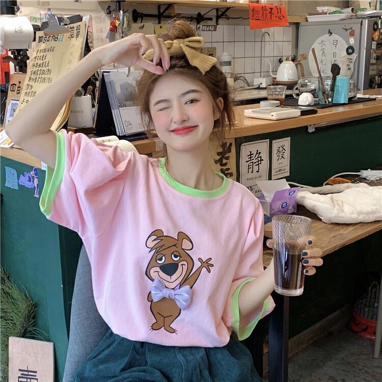 [timely rain] sweet aging contrast cartoon pattern three-dimensional bow bubble sleeve short sleeve T-shirt 50039# WPL