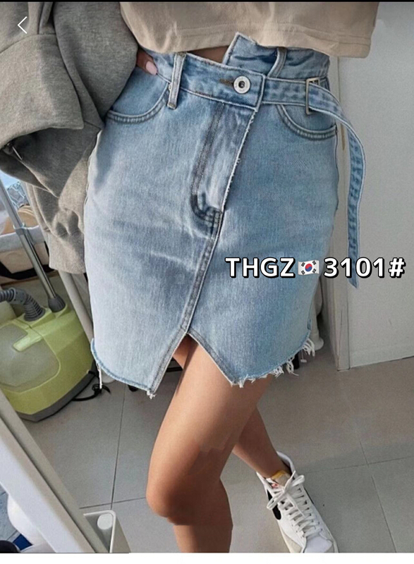 goods in stock! [fairy tale princess] versatile dislocation irregular high waist diagonal buckle denim skirt 3101# hjy