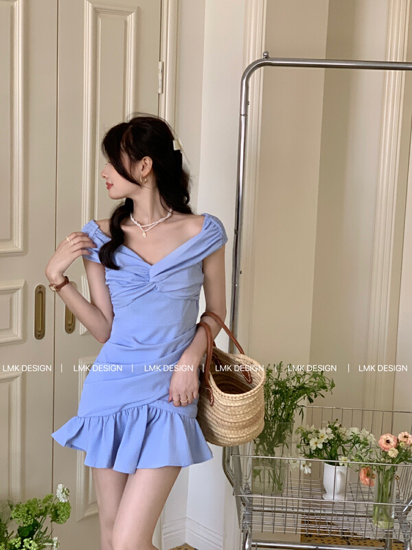 [LMK] off shoulder kink Pleated Dress 535# hjy