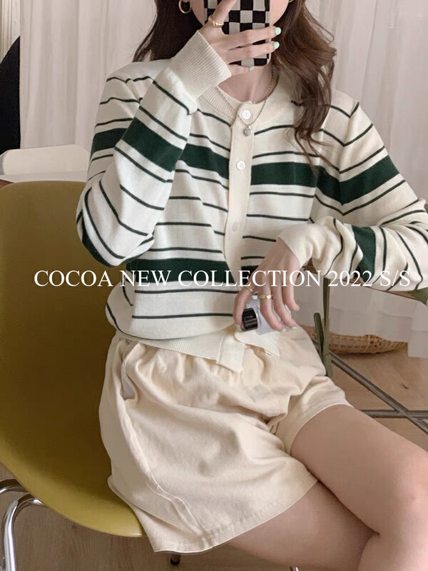 New year in early spring! [cocoa] crew neck stripe personalized knitted cardigan 3205# L