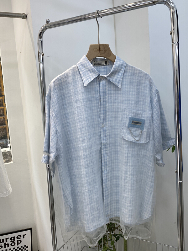 New in early summer! [vipman] Japanese small Plaid stitched mesh short sleeve shirt v-9958# ZZL