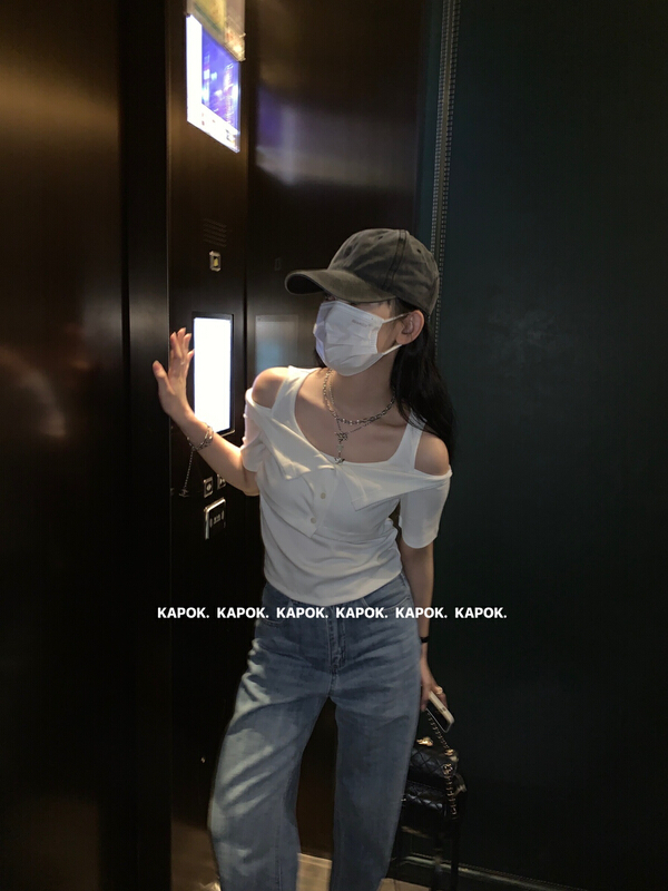 goods in stock! New in early summer! [kapok] off shoulder pit strip Pullover short sleeve T-shirt 5457# zxl