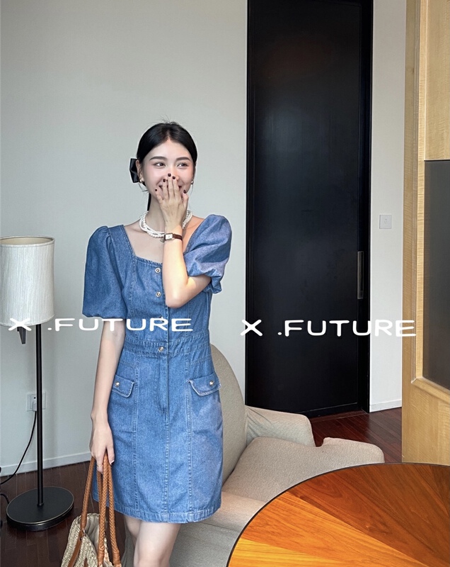 [x.future] Korean style square collar button up denim dress j8090# zxx