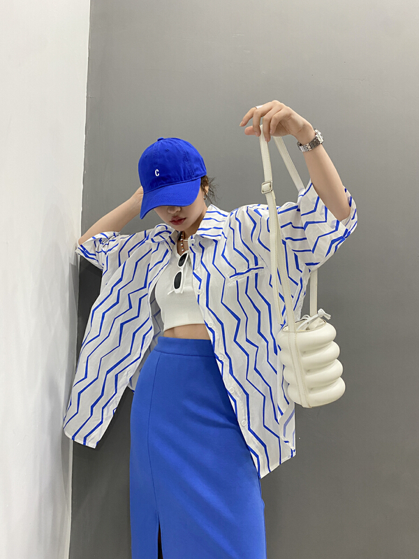 [b.boom] wavy stripe short sleeve loose shirt 2701# ozq