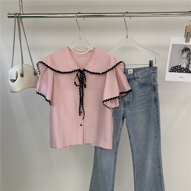New in early summer! [AA studio] Korean fashion Navy neckline lace up short sleeved shirt (only small shirts) 5661# WPL