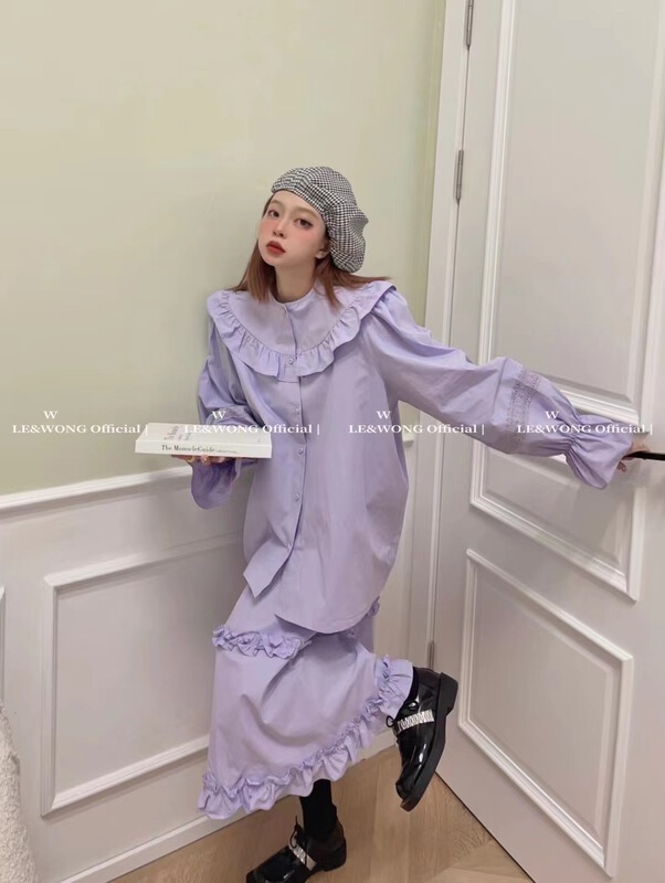 goods in stock! New year in early spring! [le & Wong] simple and clean lace girl's shirt ➕ Korean long skirt set 6881# WTT