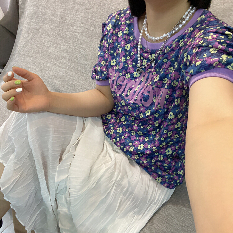 New in early summer! [Qijia +] floral bubble sleeve round neck short sleeve T-shirt 7520# zyh