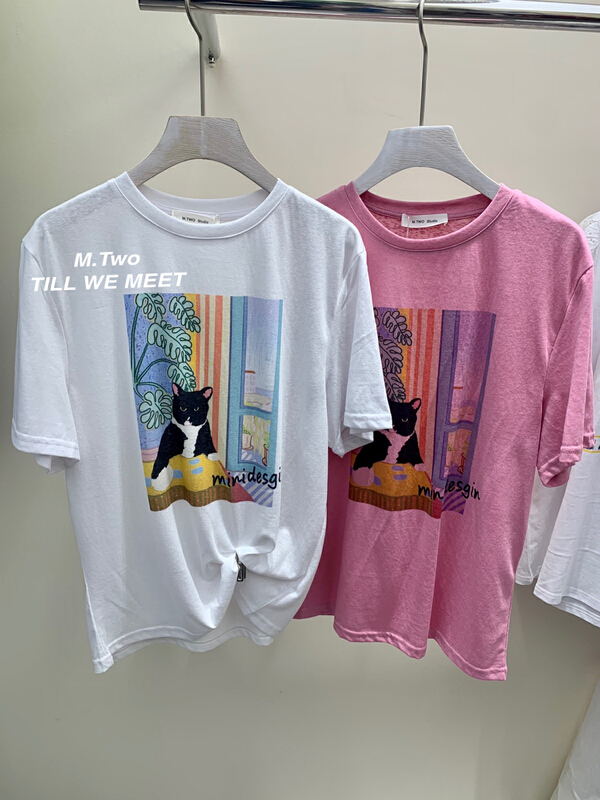 [m.two] cat oil painting flower arrangement round neck short sleeve T-shirt 7796# hyy