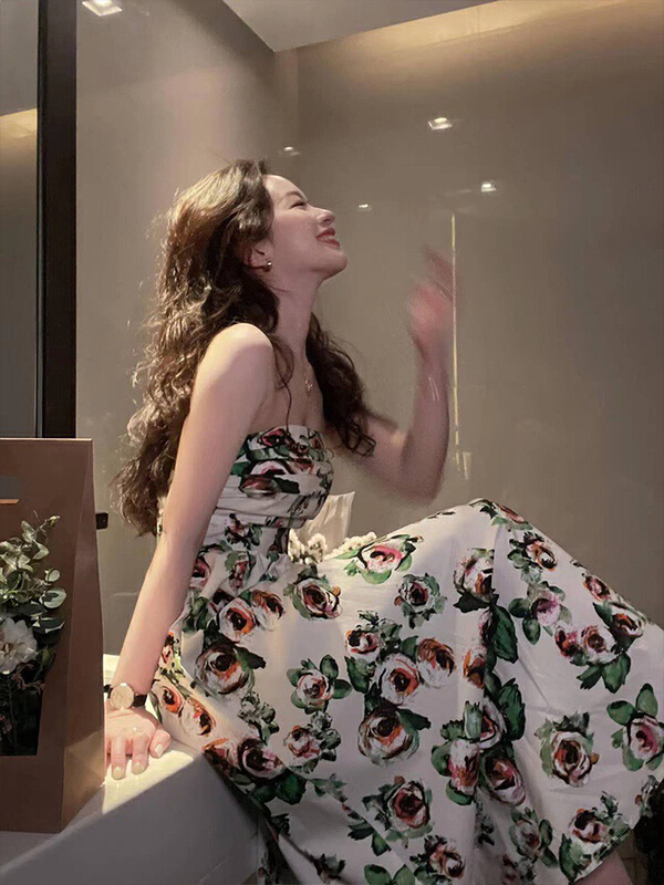 New in early summer! [wgwe] French Strapless skirt waist closing temperament floral dress 1393# PCZ
