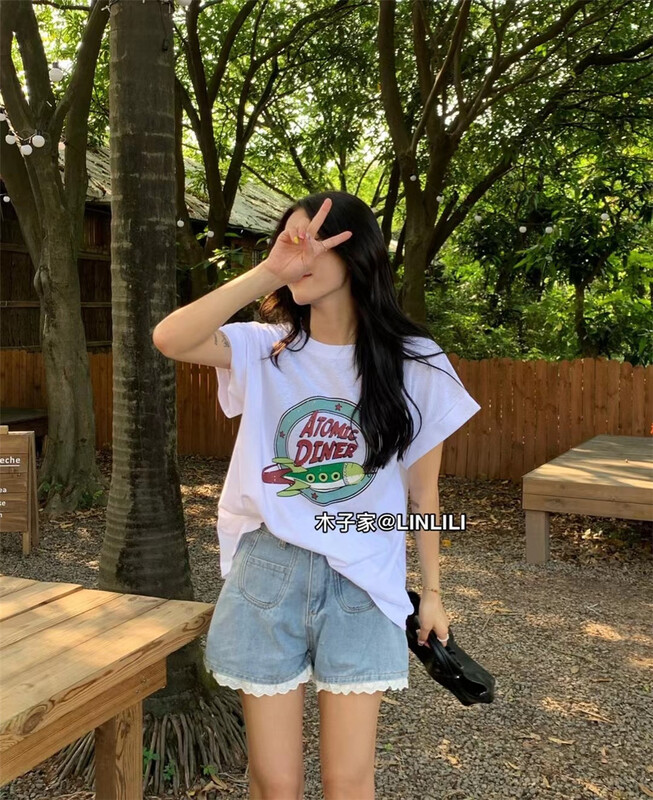 [muzijia] loose and versatile printed short sleeve T-shirt 66942# XYY