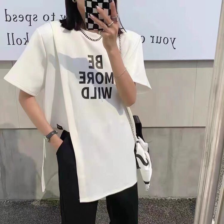New in early summer! [Esso] crew neck loose letter printed slit short sleeve T-shirt (without matching) 8906# XYY