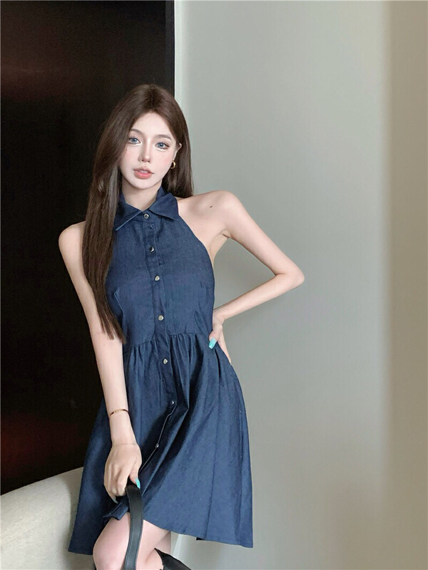 [Doudou family] sleeveless waist and neck denim dress 88318# CLS
