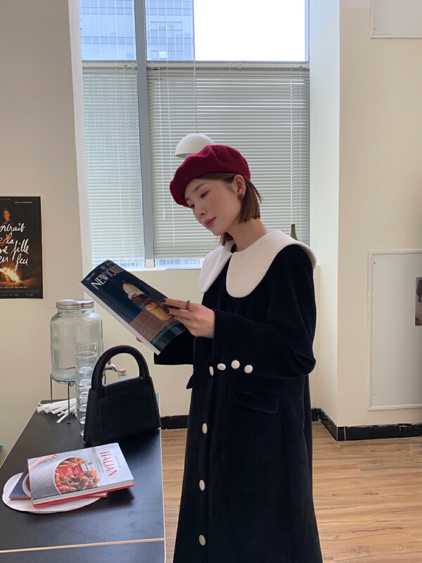 goods in stock! [new open] French retro doll neck Korean version waist closing slim retro single breasted dress (with belt and detachable collar) 95023-1# zxl