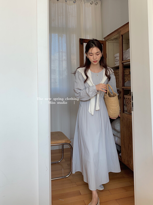 New year in early spring! [miss miss miss home] Korean round neck waist drawstring net dress 6l015# ZSY