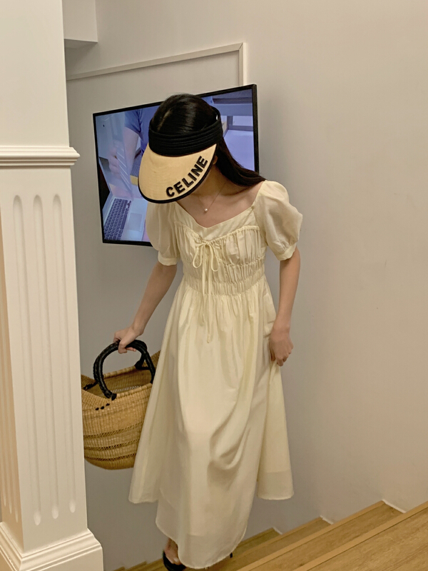 In early summer! [new open] Korean slim fit holiday style pleated high waist dress ml22612\zxl