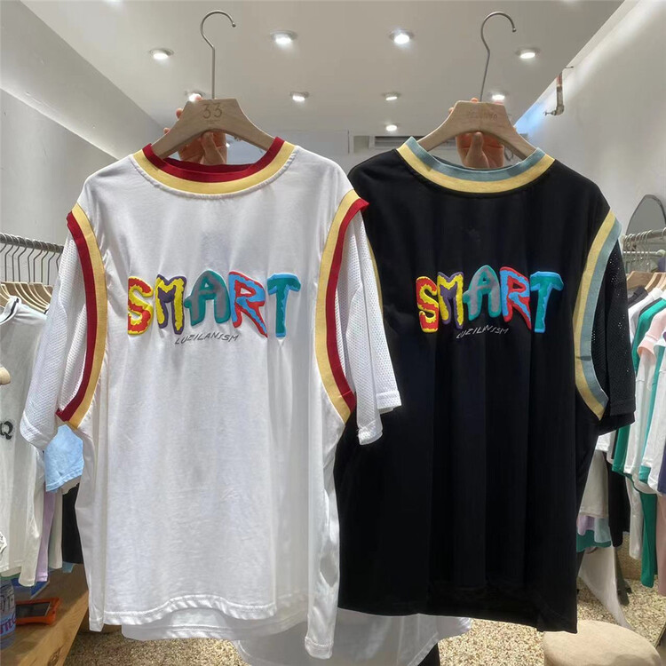 [ycnana] color blocked collar letter printed short sleeve T-shirt 83900# LSW