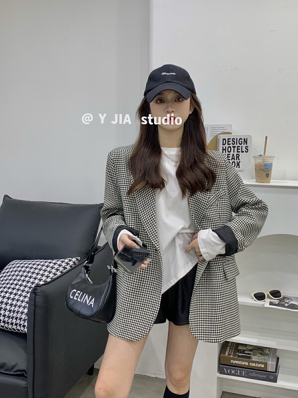 Original price 122.95! New year in early spring! [y.jia Yijia] thousand bird lattice loose suit + net version round neck split top suit (suit only) 5509# PCZ