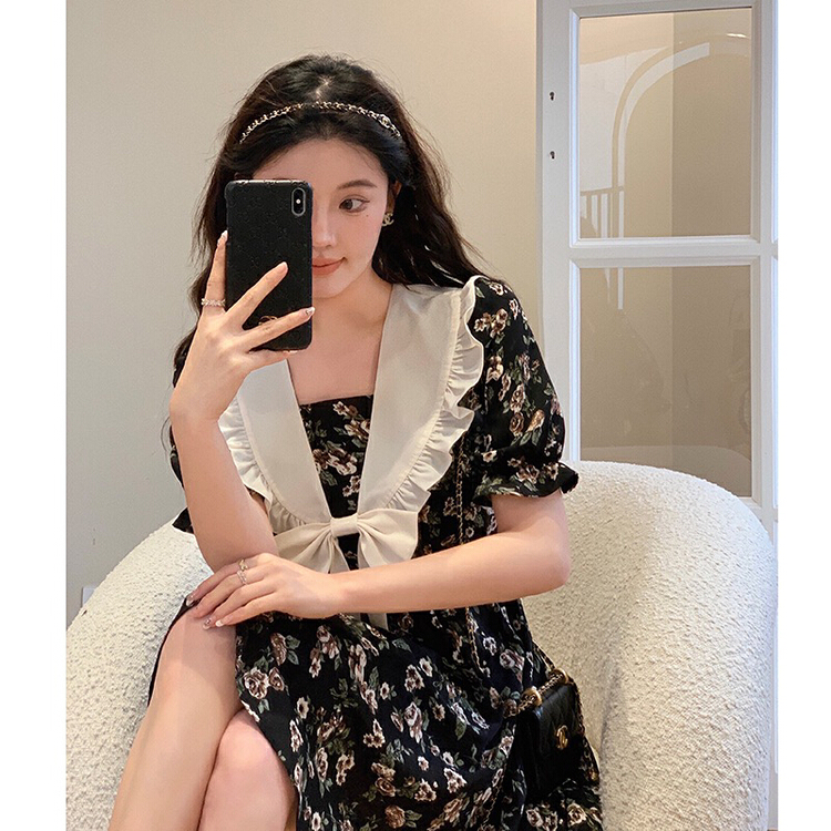 [man] French square neck Ruffle floral dress 4456# ozq